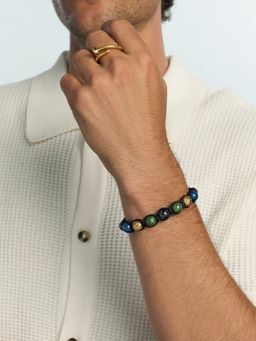 Nialaya Men's Beaded Bracelet Men's Beaded Bracelet with Multicolored Ceramic & Gold Balls Men's Beaded Bracelet with Multicolored Ceramic & Gold Balls